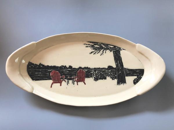 Hand carved, hand painted, hand built, ceramic platter with a pair of Adirondack chairs awaiting you picture