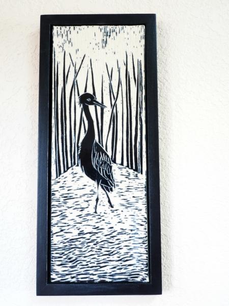 Framed Hand-Carved Great Blue Heron Art Tile picture