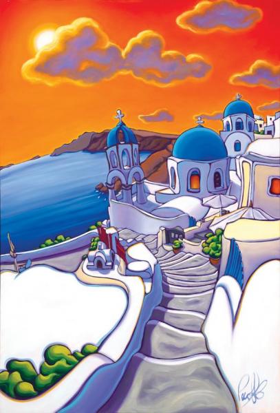 Chasing the Sun in Santorini Framed Metal Giclee picture