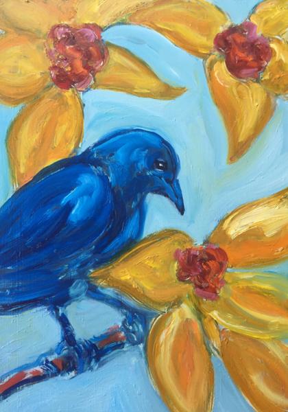 Bluebird with yellow flowers picture