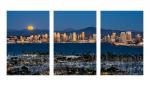 Full Moon Rising Over The San Diego Skyline - 30"x60" Metal Triptych