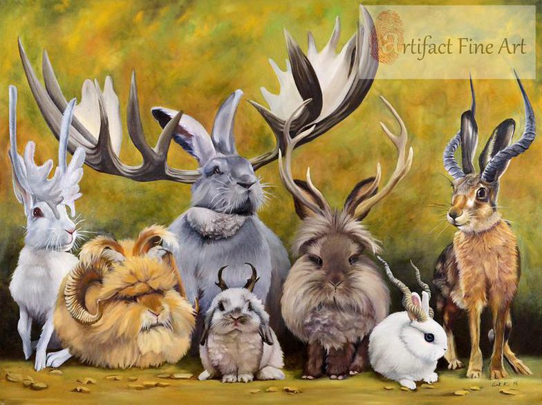 “Jackalopes of the World” Original Oil on Canvas. 30 x40 inch with narrow black floater frame picture