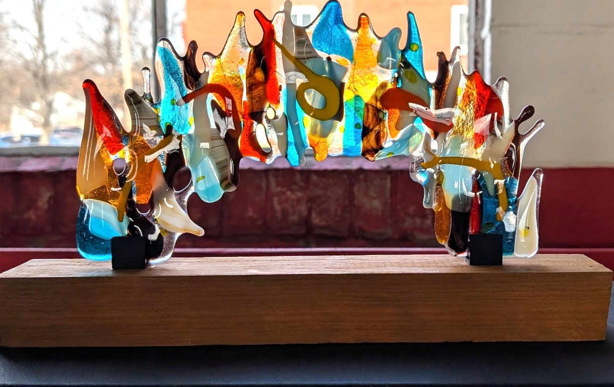 Fused Glass Abstract Arch on Wooden Base