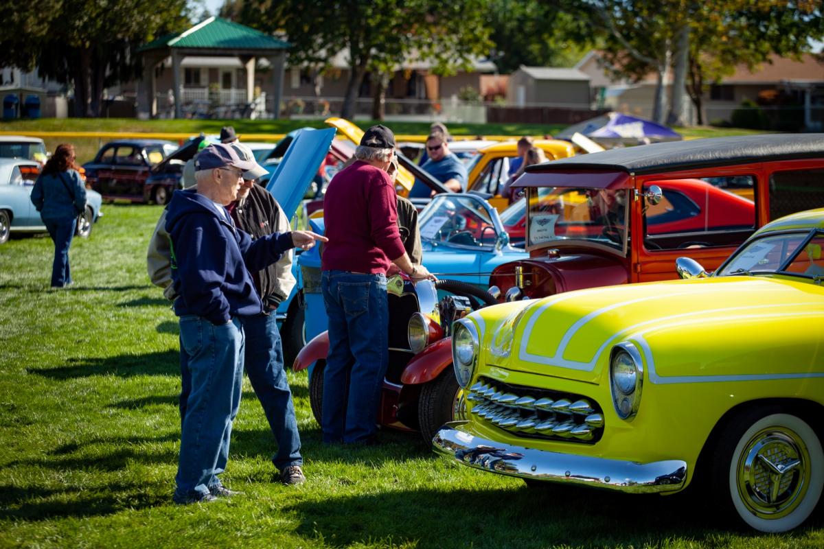 Vintage cars parked side-by-side on grass.