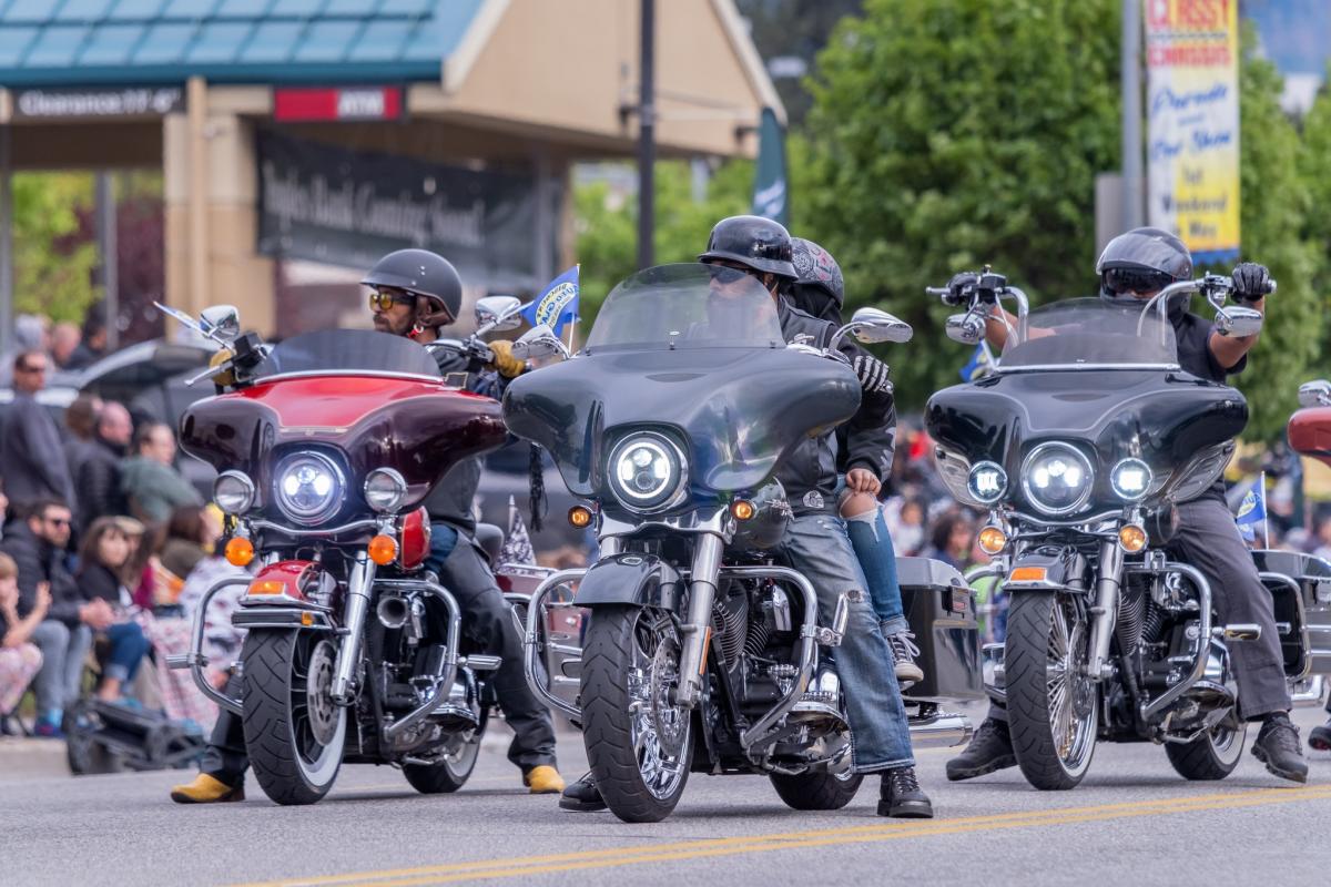 Harley Davidson motorcycles driving in the parade.