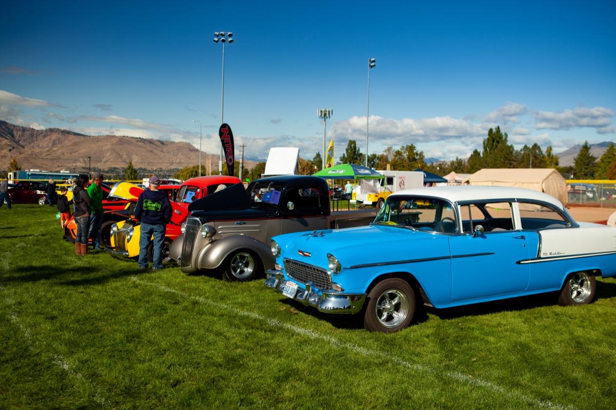 Vintage cars parked side-by-side on grass.