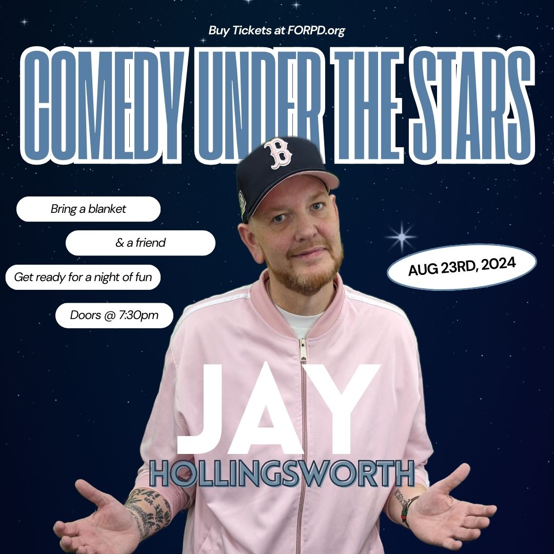 Flyer for August 23rd performance, featuring photo of comedian Jay Hollingsworth