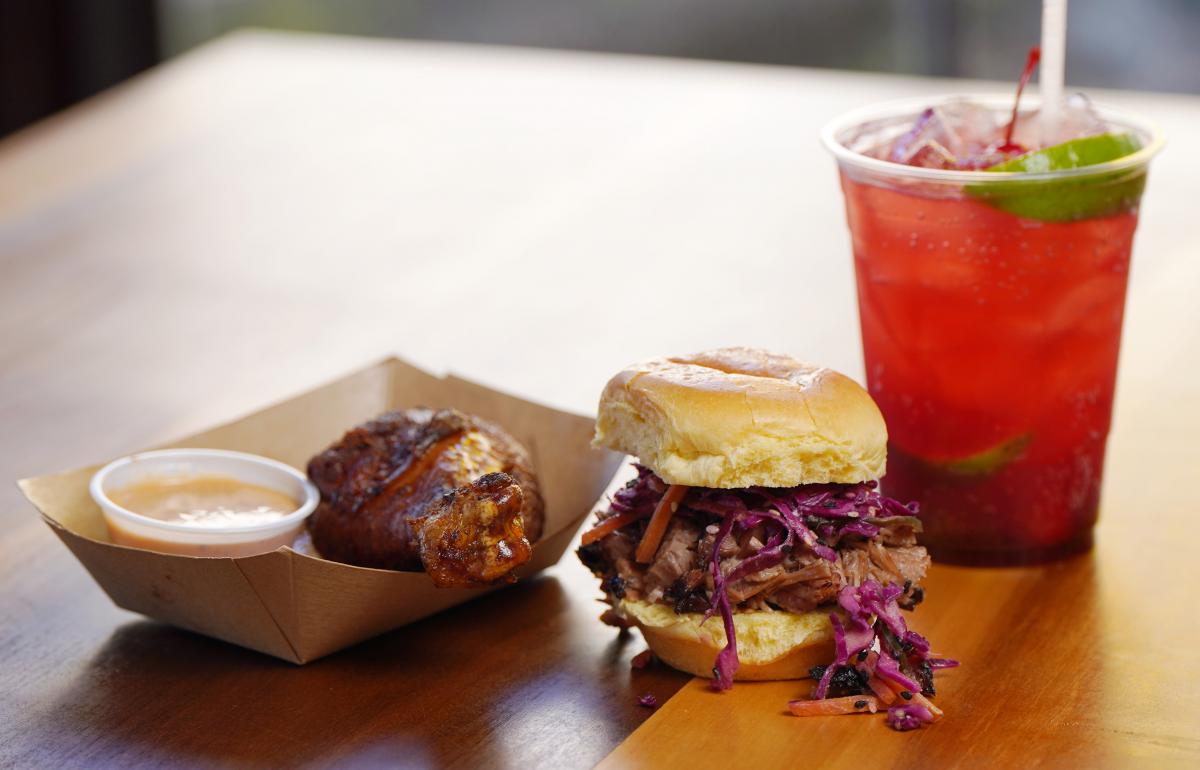 Satterfield's Asian Brisket Sandwich, Grilled chicken with pink barbecue sauce , and cherry limeade