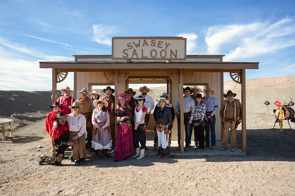 posse in front of facade building