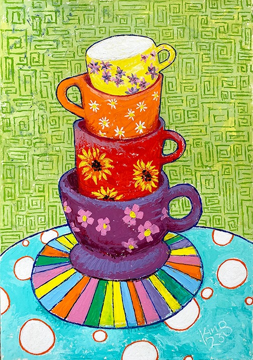 Whimsical painting of stacked teacups