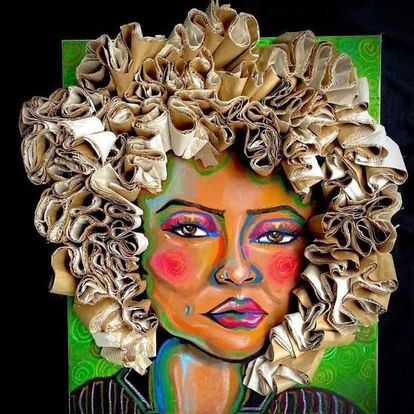 Portrait meets sculpture. A painting of a woman with 3D hair