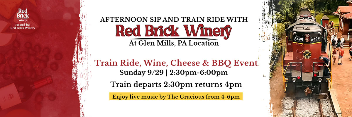 Afternoon Sip and Train Ride with RED BRICK WINERY- Train Ride, Wine, Cheese, BBQ  & Live Music cover image