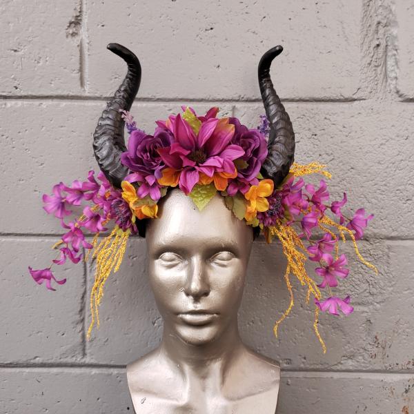 Beautiful Dark Fantasy horn headdress with purple and yellow flowers picture