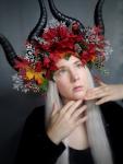 Red winter floral headdress with multi horns snowflakes