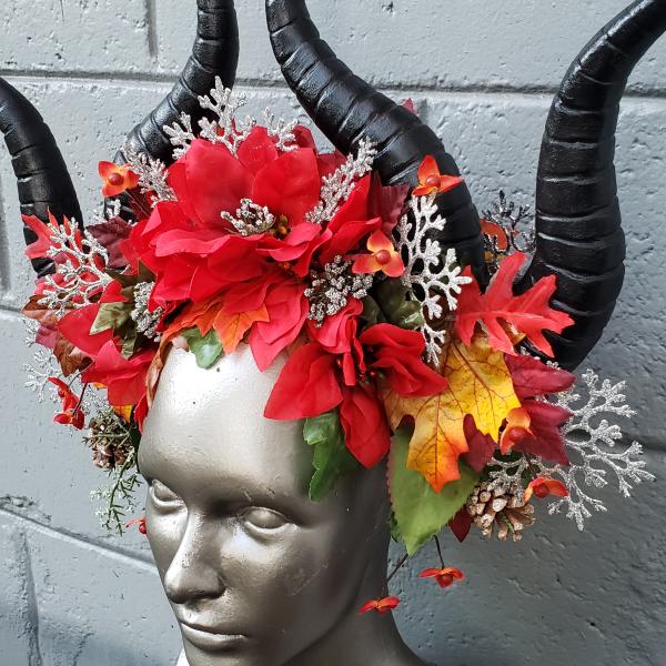 Red winter floral headdress with multi horns snowflakes picture