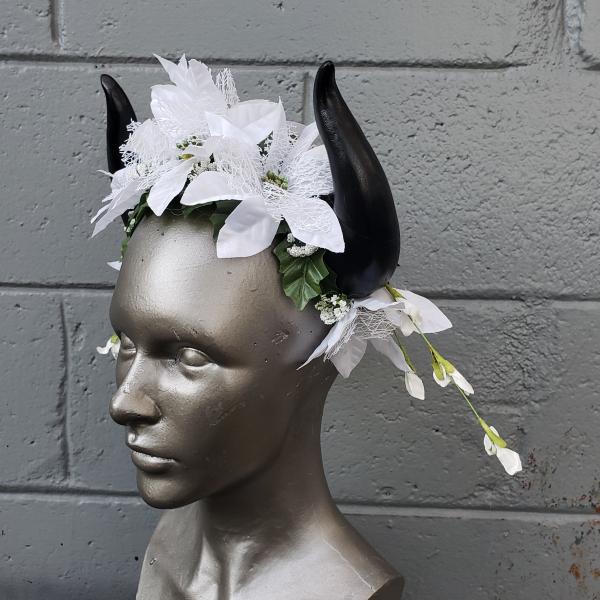 White floral headdress crown with small horns picture