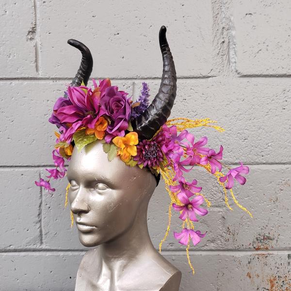 Beautiful Dark Fantasy horn headdress with purple and yellow flowers picture