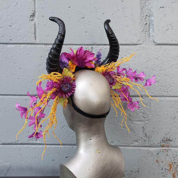 Beautiful Dark Fantasy horn headdress with purple and yellow flowers picture