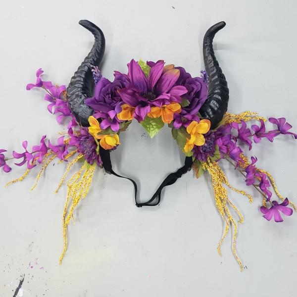 Beautiful Dark Fantasy horn headdress with purple and yellow flowers