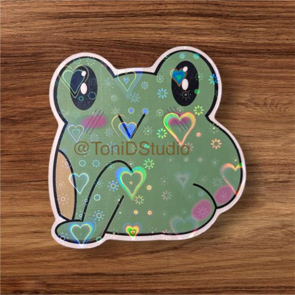 Kawaii Frog Holographic Laminated Vinyl Glossy Sticker picture