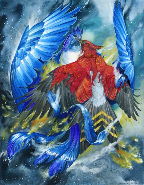 Fire and Ice - Original Fantasy Birds Painting picture