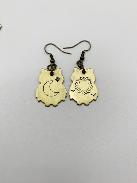 Brass night and day owl earrings picture