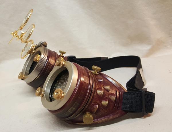 Steampunk Burgundy Engineer Goggles With Magnifying Jewelers Loupes picture