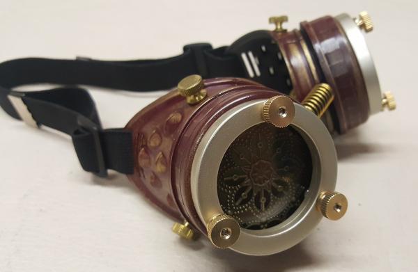 Steampunk Burgundy Engineer Goggles With Magnifying Jewelers Loupes picture