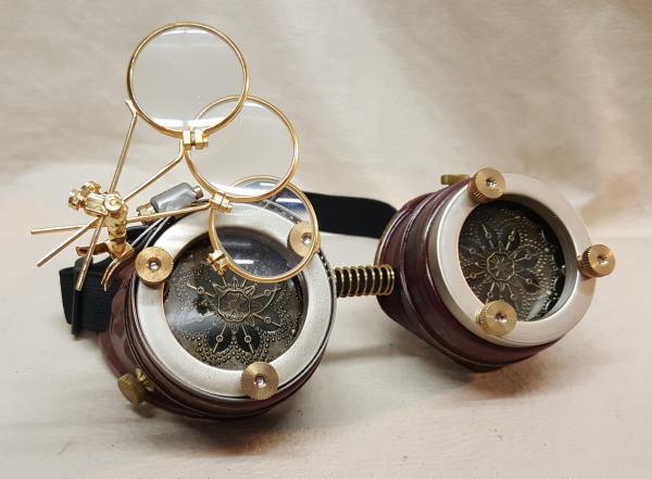 Steampunk Burgundy Engineer Goggles With Magnifying Jewelers Loupes picture