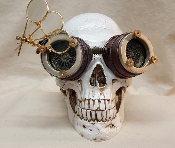 Steampunk Burgundy Engineer Goggles With Magnifying Jewelers Loupes picture