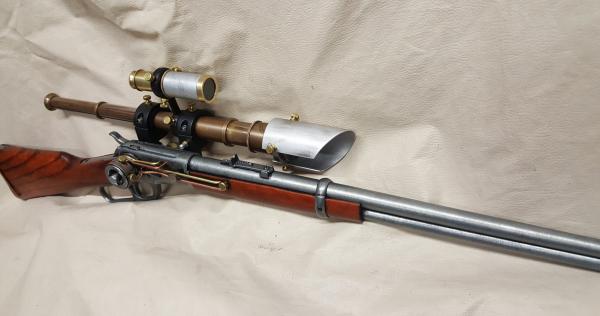 1892 Steampunk Winchester Lever Action Carbine Rifle Non Firing Replica W/Double Scope picture