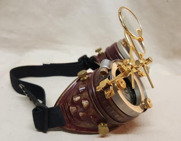 Steampunk Burgundy Engineer Goggles With Magnifying Jewelers Loupes picture