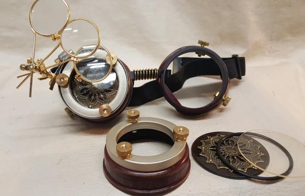 Steampunk Burgundy Engineer Goggles With Magnifying Jewelers Loupes picture