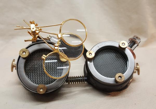 Steampunk Engineer Goggles With Triple Golden Magnifying Loupes picture