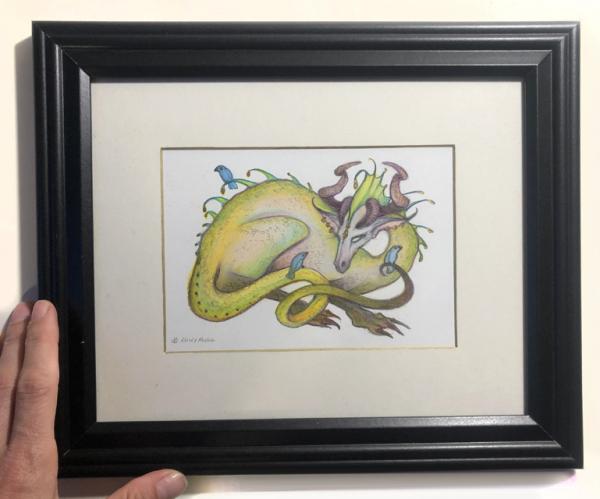 Yellow Dragon with Birds, original art 7x5, plus mat with frame picture