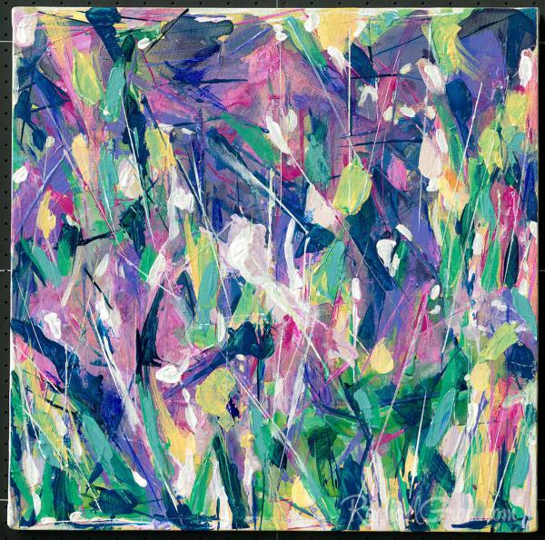 SOLD - Abstract Flowers Painting in Purple, Pink, Green, Yellow picture