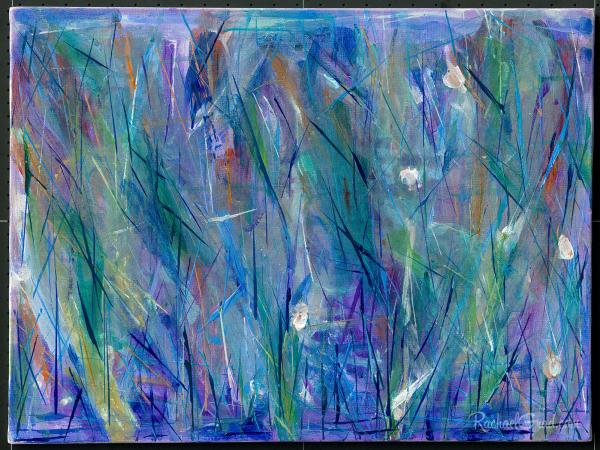 SOLD - Abstract Flowers and Grass in Blue, Purple, Green and White picture