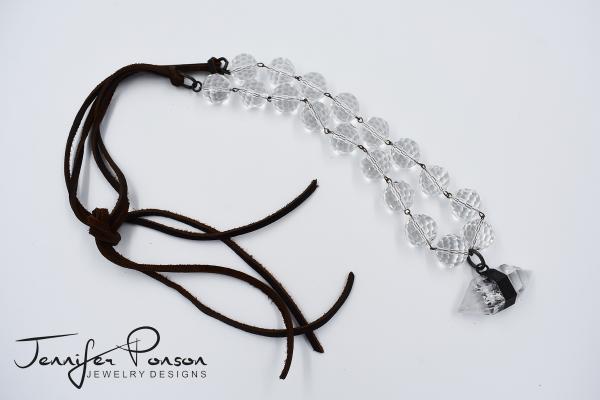 Crystal Beaded and Leather Necklace with Herkimer Diamond Pendant picture