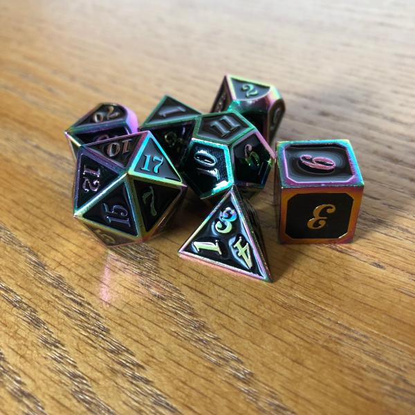 Black with Rainbow Iridescent Lettering Metal Dice Set picture