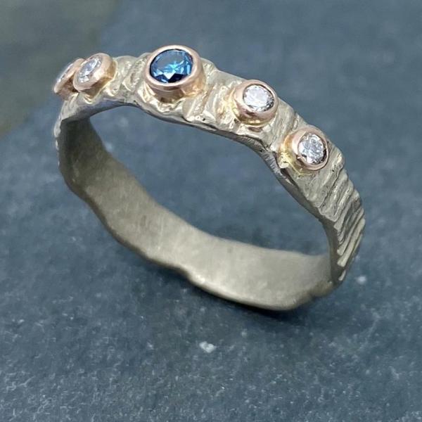 Textured Bark: Blue and White Diamonds/Palladium White Gold Ring