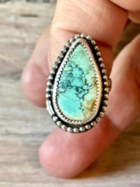 Turquoise ring Teardrop shape hubei turquoise ring textured band, Turquoise ring sterling silver, Turquoise ring for women, hubei ring picture