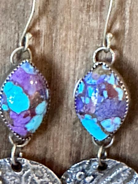 Long Mohave turquoise and silver earrings with hanging coral textured moons. Purple and turquoise silver drop earrings. Coral moon earrings. picture