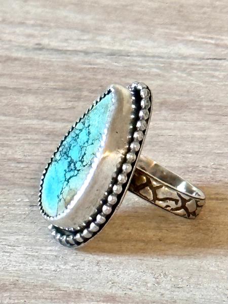 Turquoise ring Teardrop shape hubei turquoise ring textured band, Turquoise ring sterling silver, Turquoise ring for women, hubei ring picture