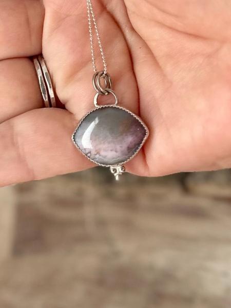 Flower of peach agate pendant, eye shaped stone pendant, gray and pink pendant, delicate agate pendan. picture