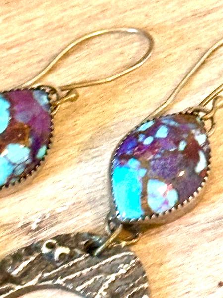 Long Mohave turquoise and silver earrings with hanging coral textured moons. Purple and turquoise silver drop earrings. Coral moon earrings. picture