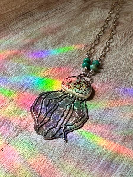 Treasure Mountain turquoise jellyfish pendant, great gift for her birthday, turquoise jellyfish necklace, silver jellyfish necklace picture