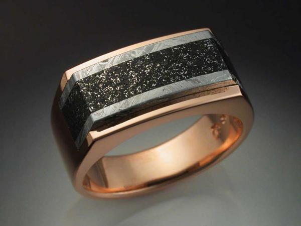 14k Rose Gold Mans Ring with Iron and Chondrite Meteorite picture