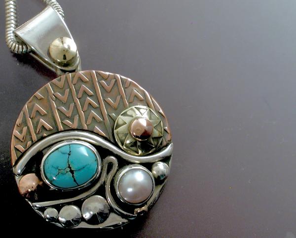 Turquoise & Pearl Mixed Metal Pendant