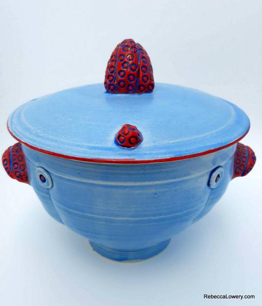 Periwinkle Blue Button Ceramic Casserole with lid picture