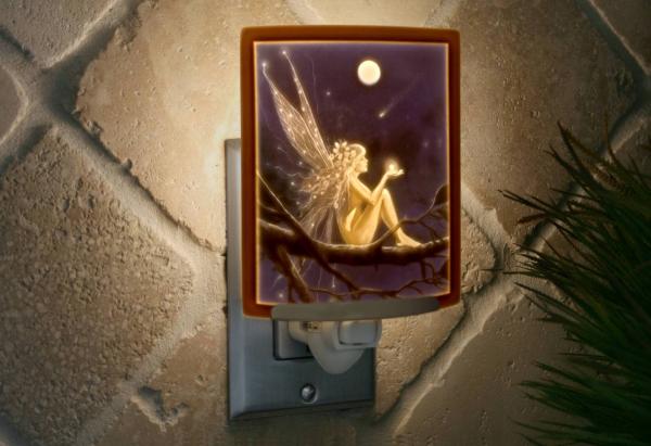 Fairy Night Light - Porcelain Lithophane  "Catch a Falling Star" Colored fantasy themed plug in accent light picture
